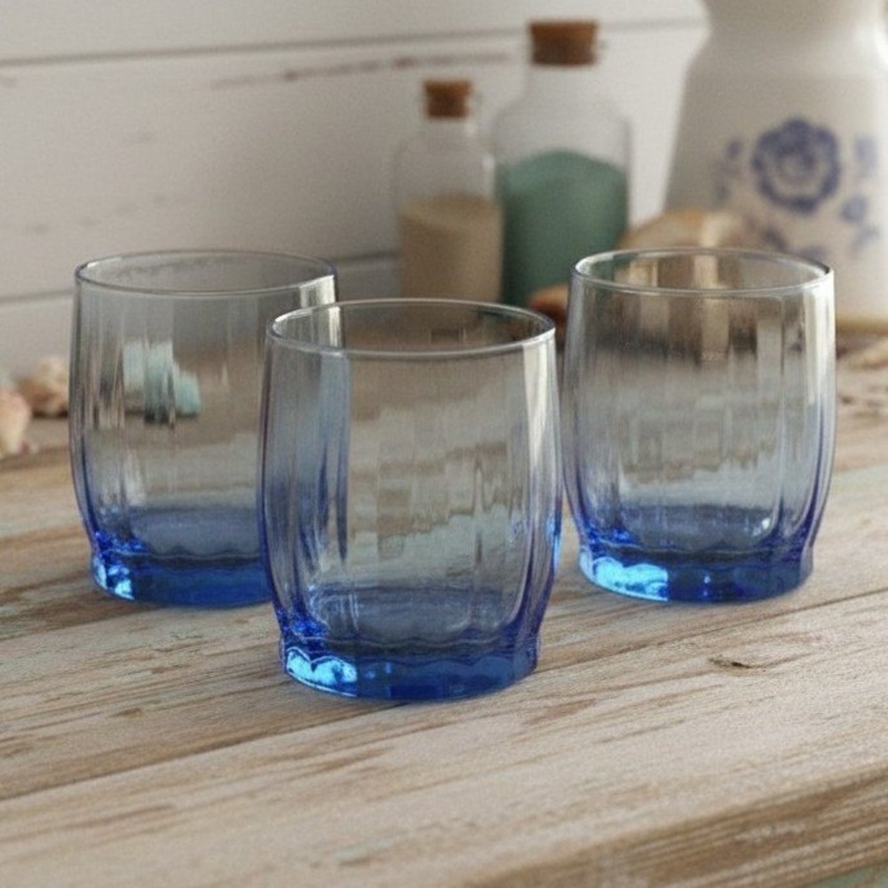Oneida Valor Blue Juice‎ Glasses, Set of 3, Vintage Pasabahce Ribbed Tumblers